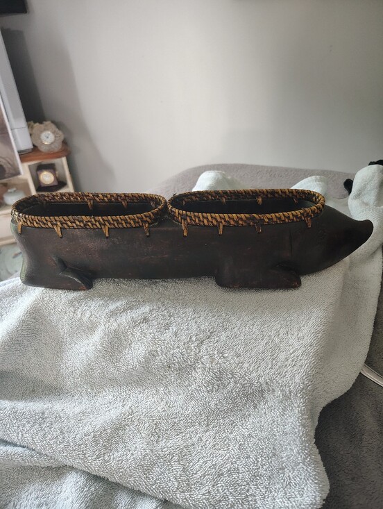 Other - Wooden Pig Planter with Woven Rim - Rustic Brown
